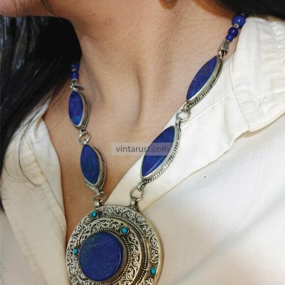 Blue Lapis Lazuli Jewelry Set, Pendant Necklace With Earrings - Picture 2 of 7